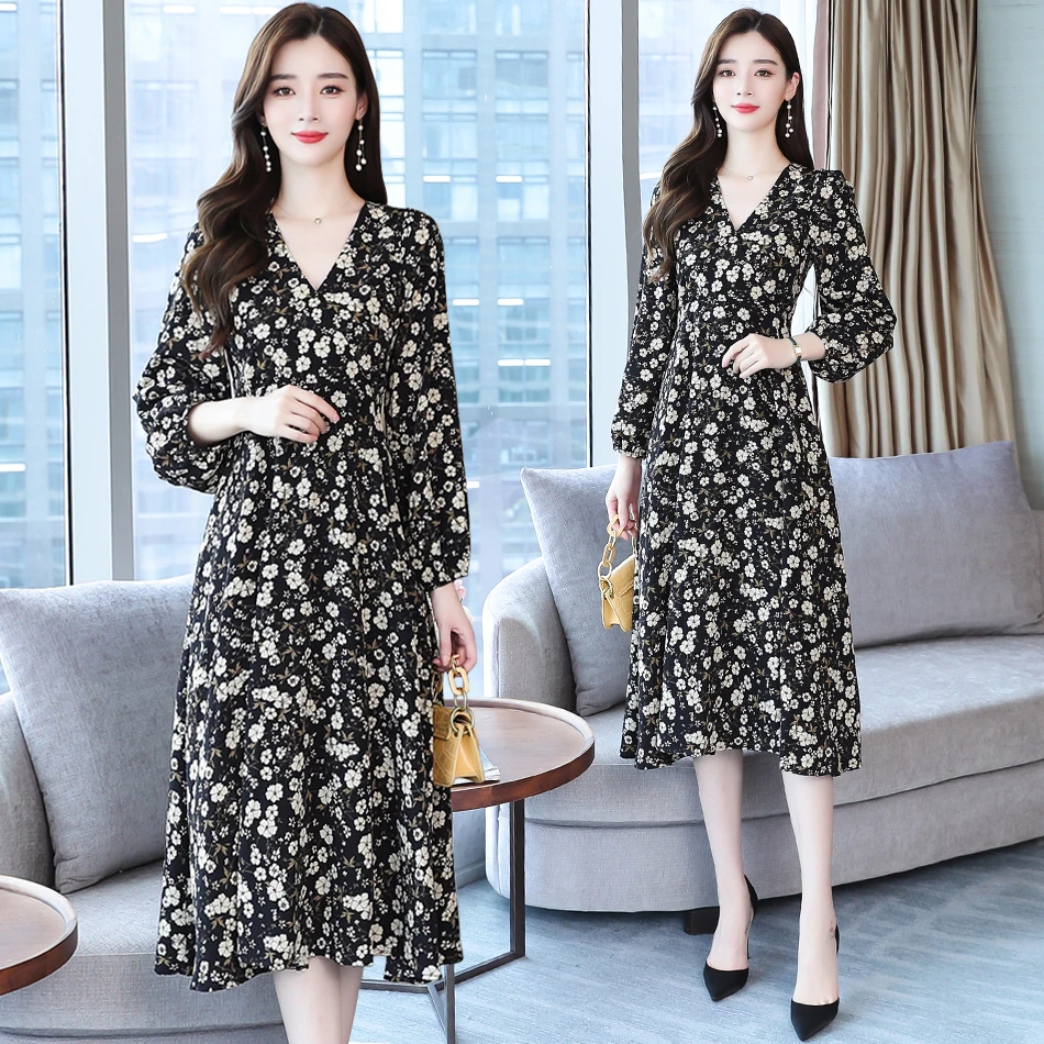 

2024 Vintage Casual Long Sleeve Chic Prom Dress Autumn Female Black Floral Chiffon Midi Dress Elegant Women Party Evening Dress