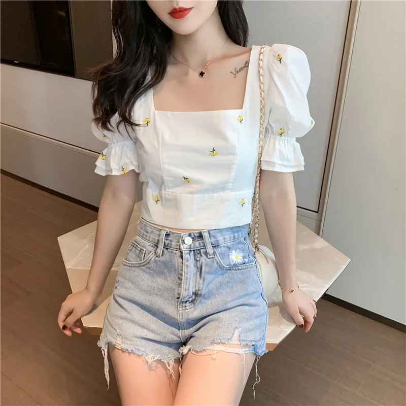 Blouse Et Chemisier Femme Vintage Square Neck Back Bow Bandage Sexy Crop Top Short Sleeve Summer Floral Embroidery Shirts Women