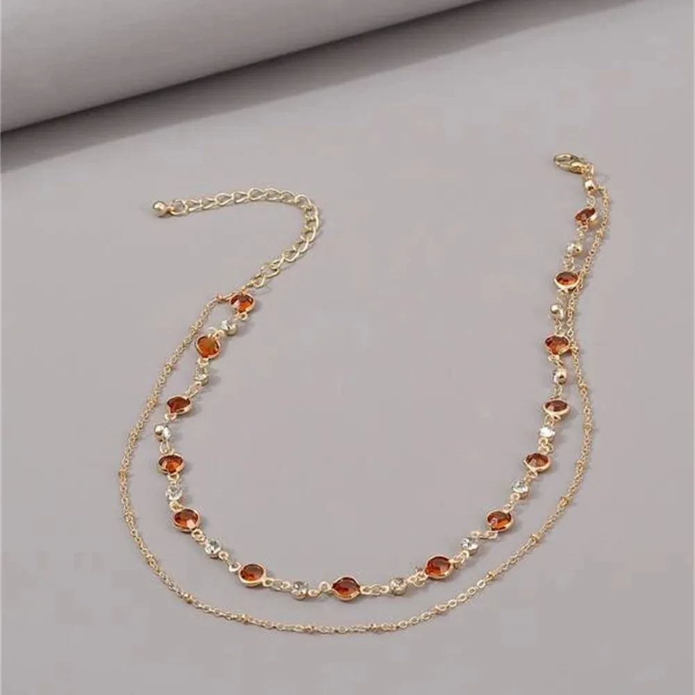 Fashion Vintage Choker Metal Spherical Thin Chains Necklace For Women Boho Multilevel 2021 Red Crystal Chain Collar Jewelry Gift