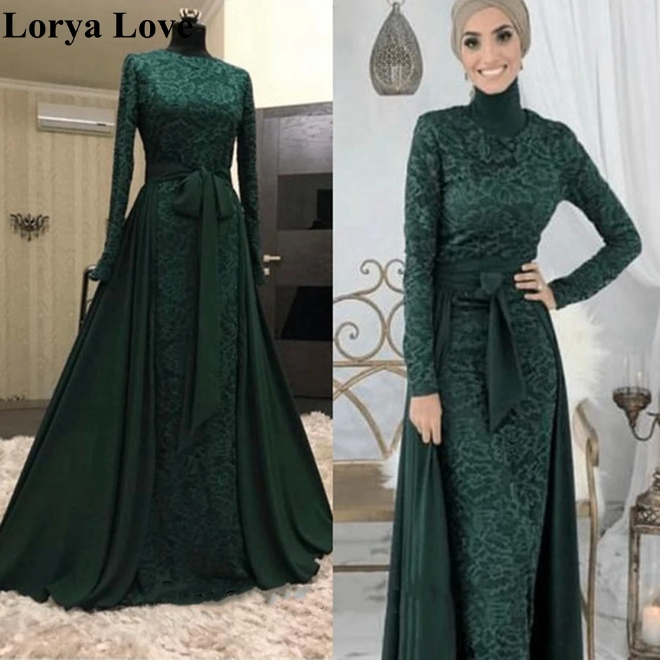 Green Muslim Elegant Formal Party Night Evening Dresses 2020 Long Sleeves Robe De Soiree Prom Gowns Women Gowns Saudi Arabia