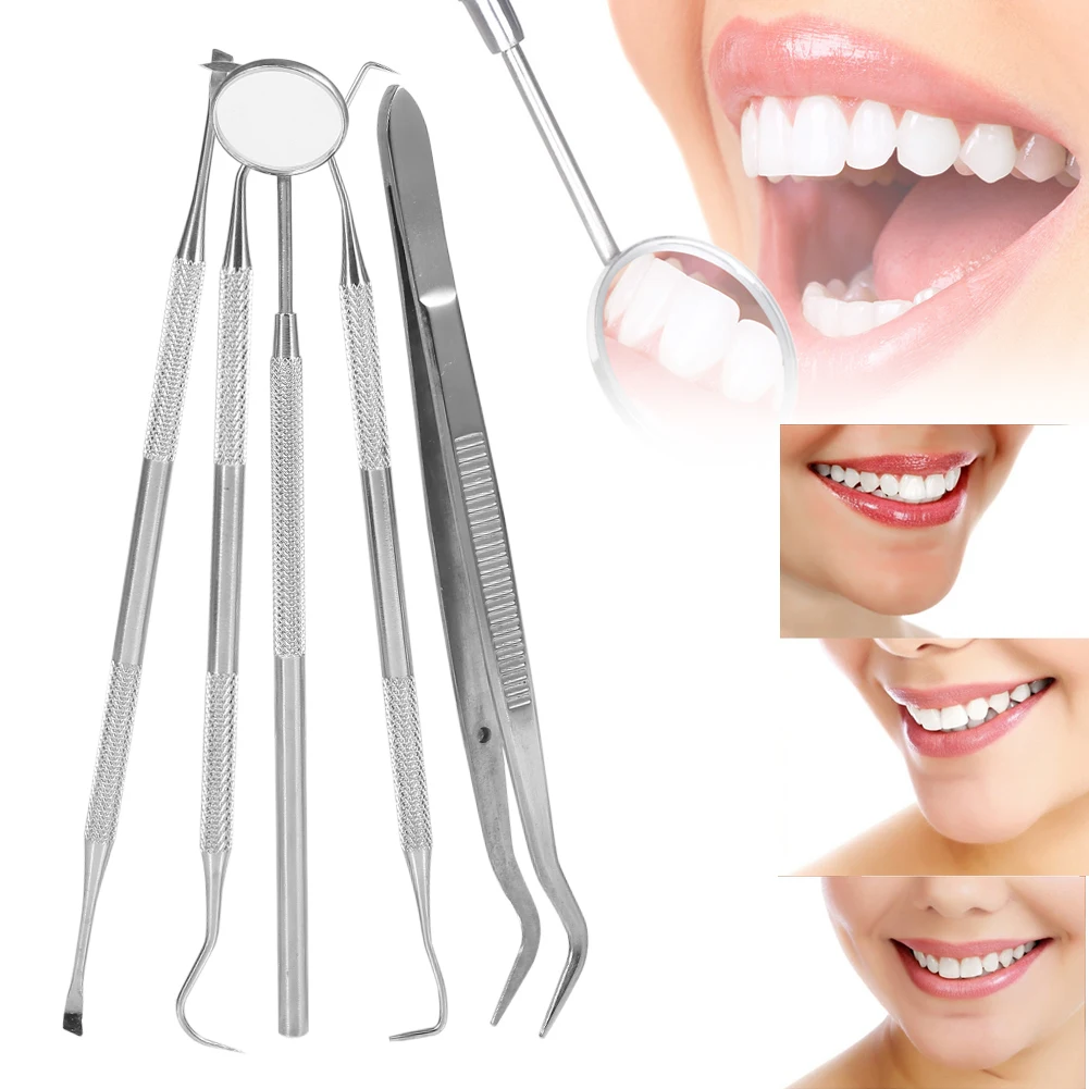 

5PC Dental Oral Hygiene Stainless Steel Kit Mouth Mirror Sickle Scaler Teeth Care Cleaning Dentist Prepared Tool Probe With Case