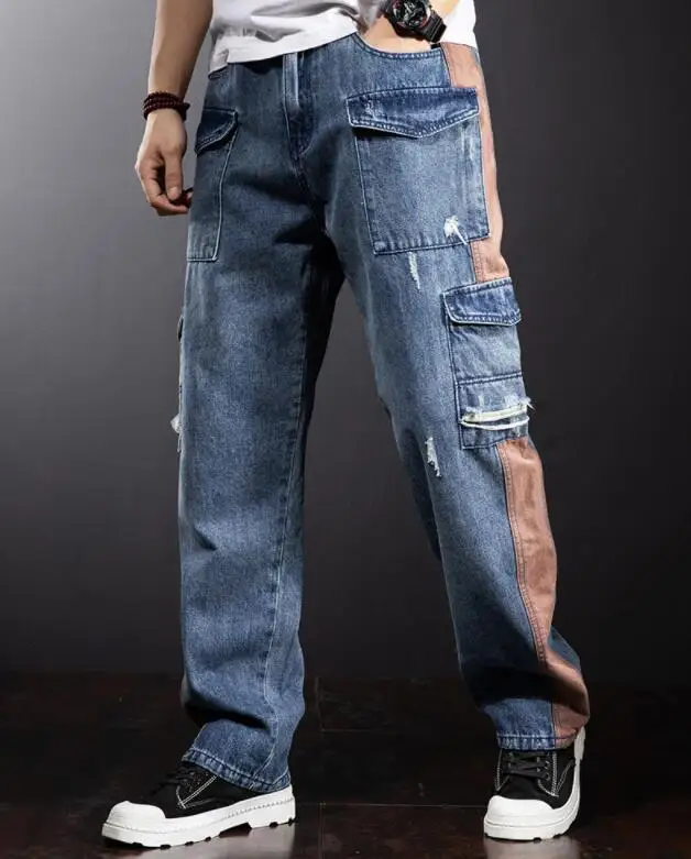 Multi-Pocket Loose Cargo Jeans Men Straight Fashion Wide-Legged Denim Pant Patchwork Baggy Jeans Size 29-40