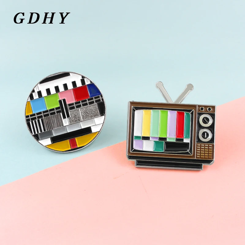 GDHY Vintage TV Television Shape Enamel Pins Colour Rainbow Screen No Signal TV television Brooch Pins Women Men Souvenir Badge