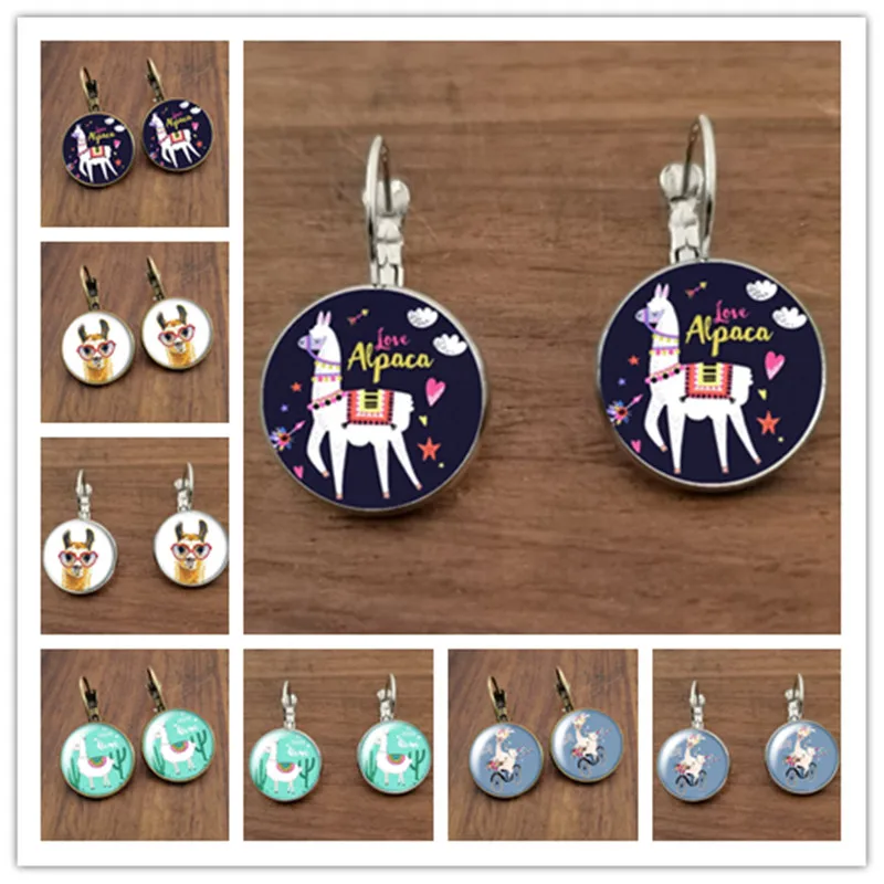 Creative fashion alpaca earrings animal llama art picture glass cabochon charms ladies earrings jewelry gifts