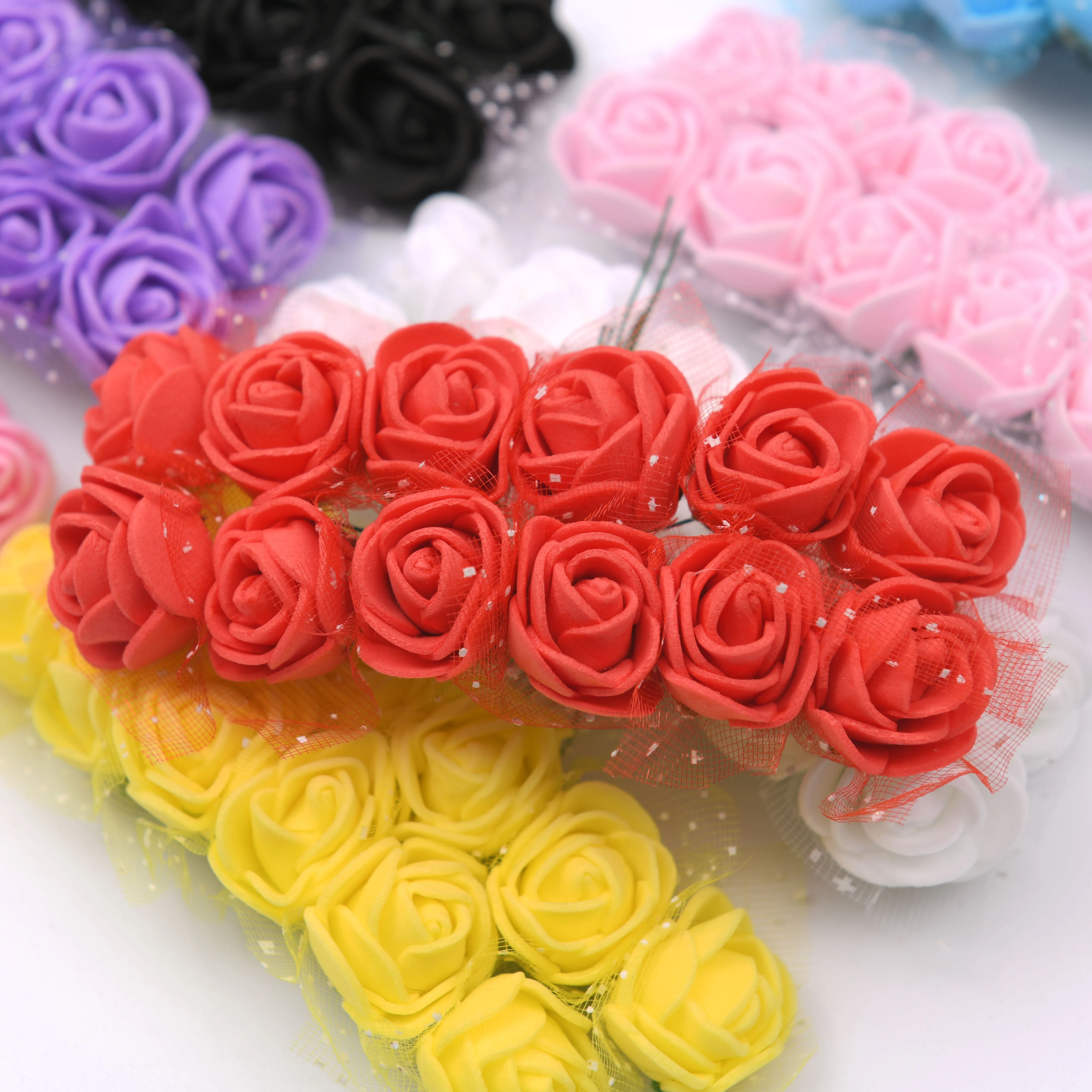 144 Uds Mini encaje Pe Rosa espuma cabezas de flores ramo para boda decoración del hogar Scrapbooking DIY corona flores artificiales