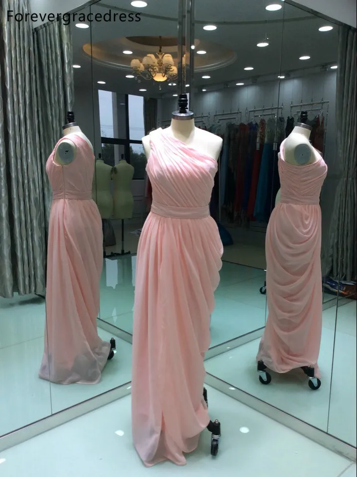 New Arrival Pink Colour One Shoulder Bridesmaid Dress Modest Long Chiffon Guest Maid of Honor Gown