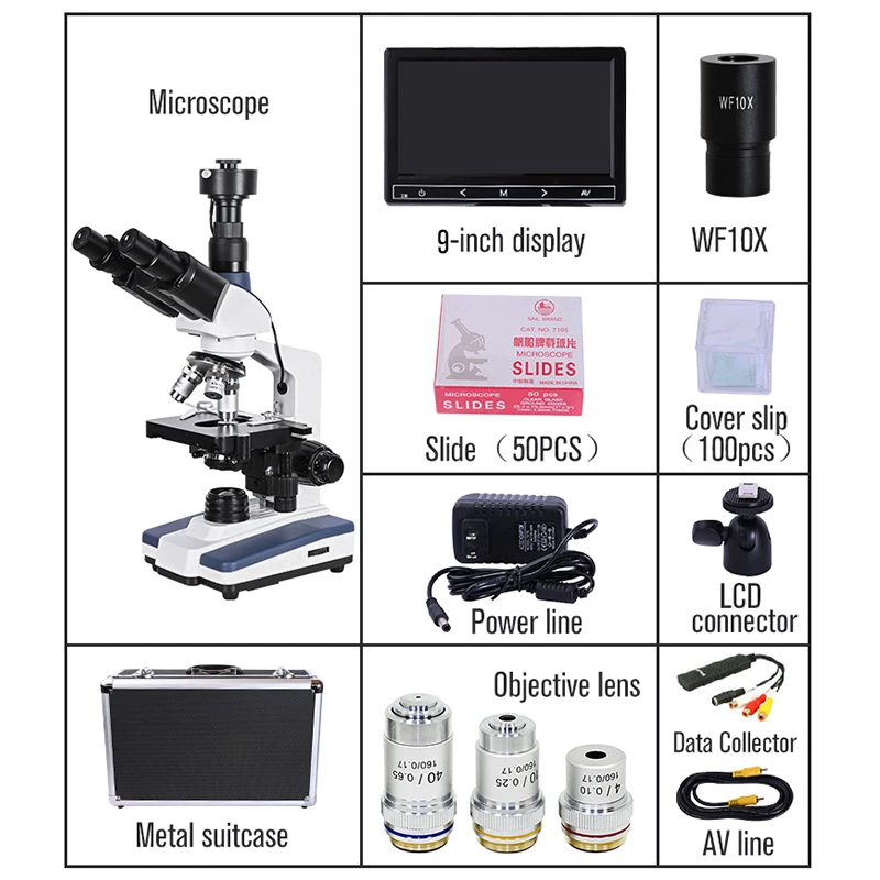 5MP HD Professional Mites Sperm biological Lab Digital Microscope Led + electronic eyepiece + 9-inch LCD screen USB Data line