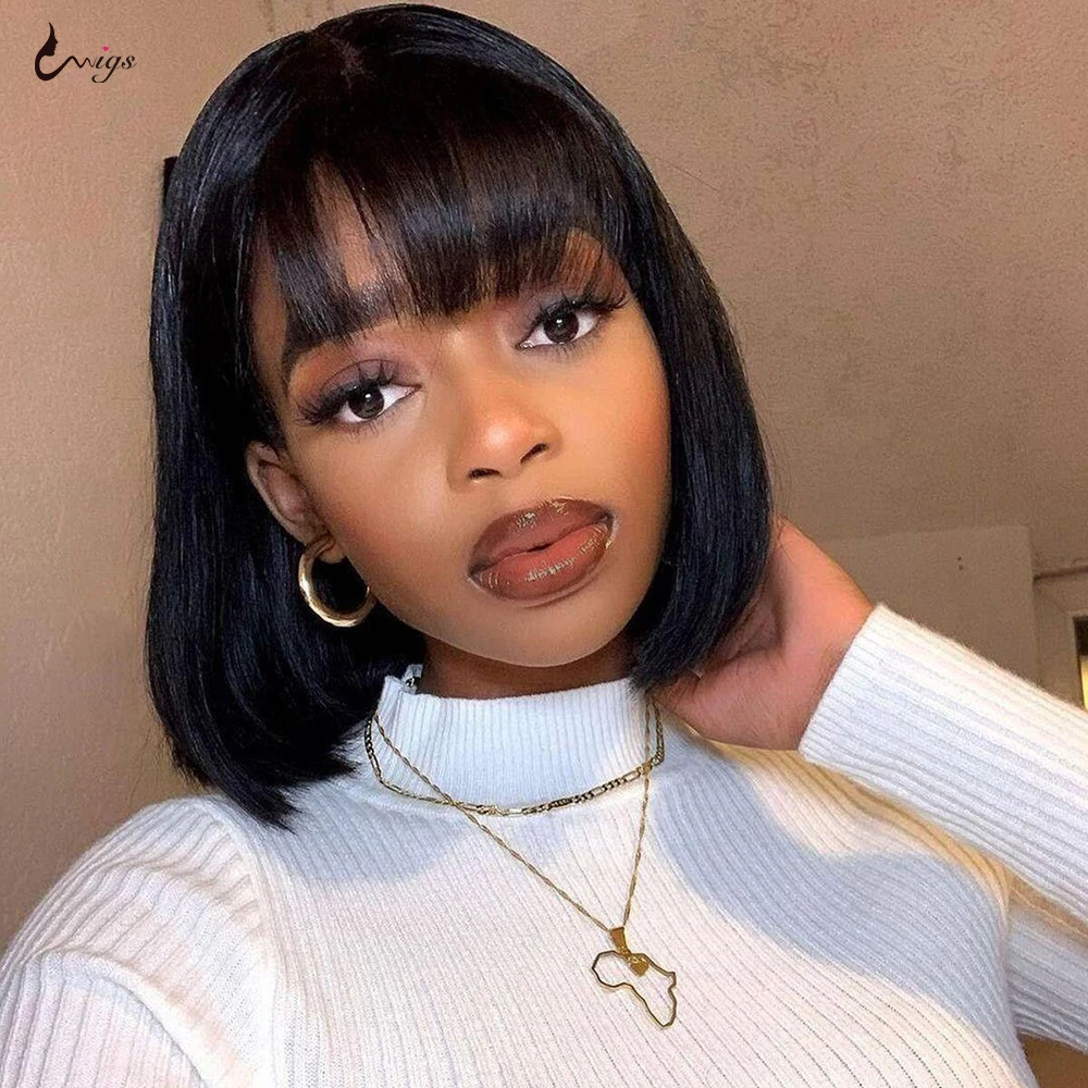 Short Straight Bob Wig with Bangs Full Machine Made Human Hair Wigs For Women Pre Plucked Brazilian Bob Wigs 8-14 inch Uwigs