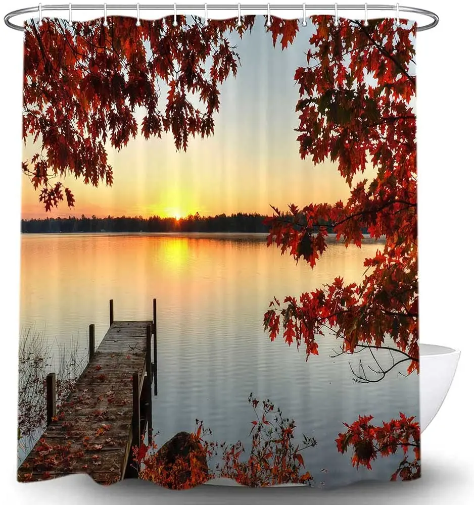 

Autumn Shower Curtains Maple Tree Leaves and Wooden Bridge Lake Sunset Nature Landscape Fall Bath Curtain for Bathroom Decor Set