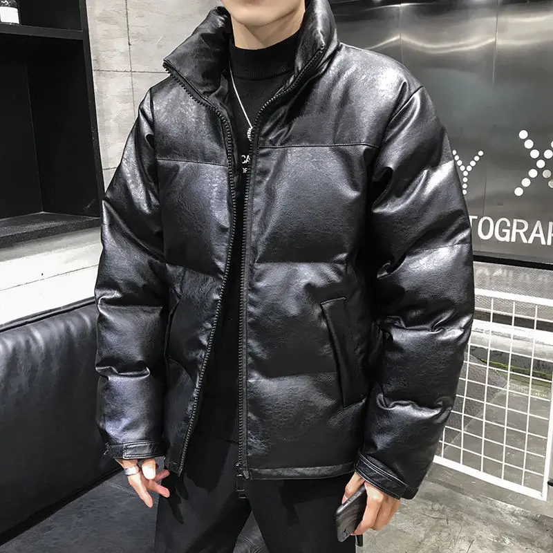 Winter Fashion Thicken Korean Style Loose and Plus-sized Men\'s Jacket Black Stand Collar Leather Quilted Cloth Cotton