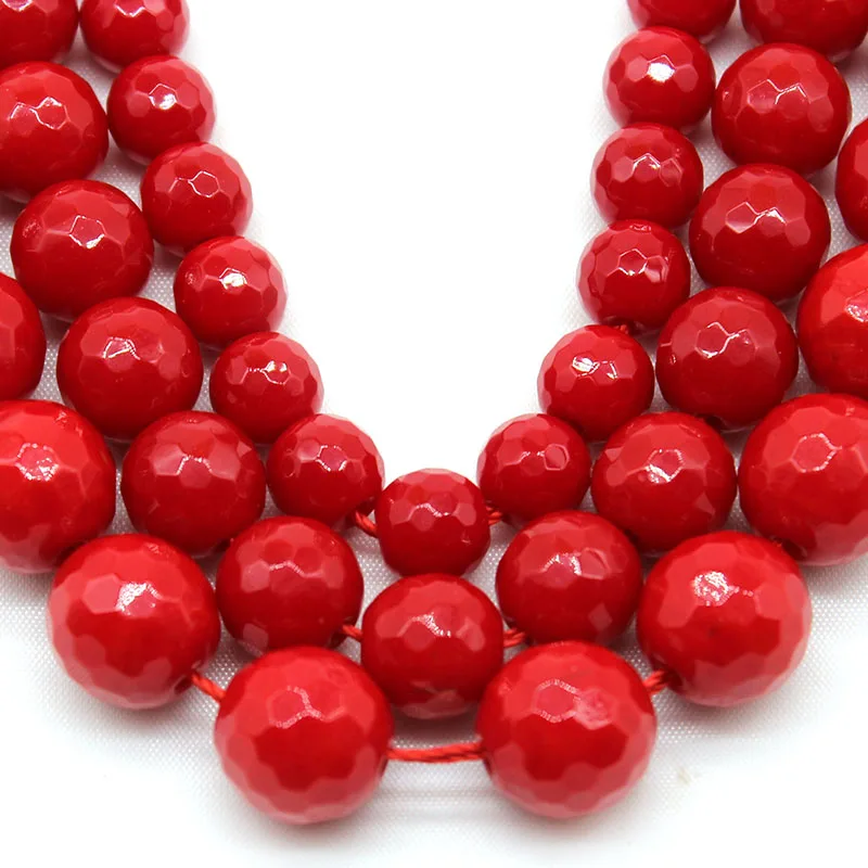 Natural Faceted Red Coral Stone Round Loose Spacer Beads 6/8/10mm Jewelry Handmade Necklace Bracelets DIY Making Accessories 15\