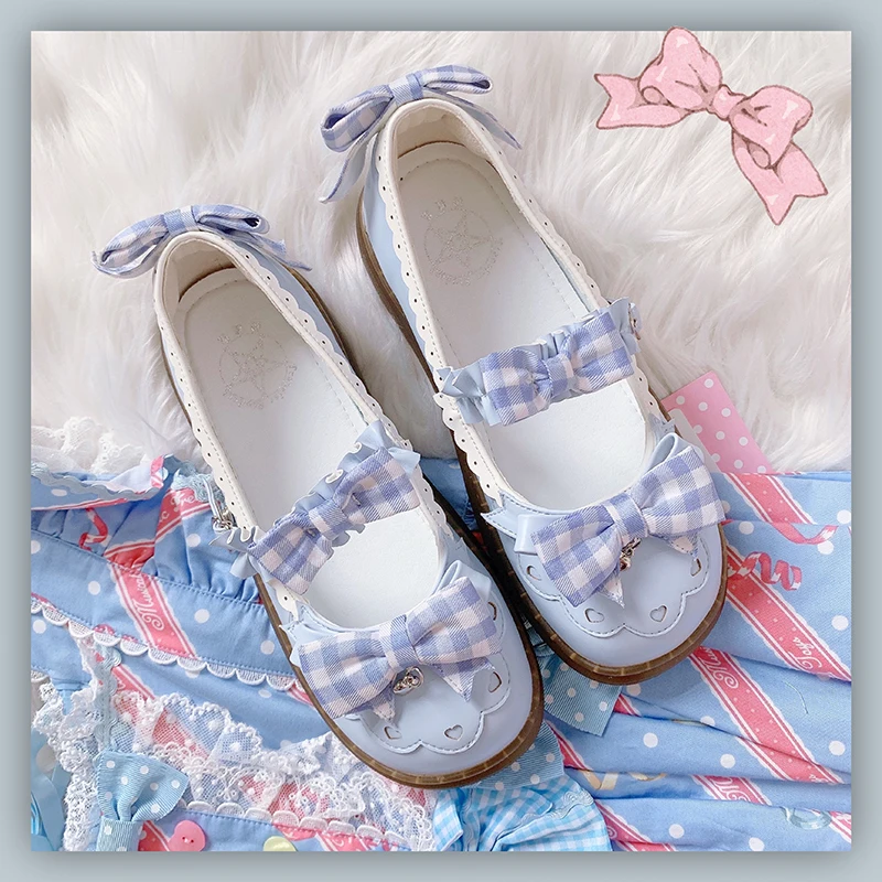 

Lolita Japanese Cute Girls Shoes Flat Round Toe Lace Bowknot Shallow Mouth Kawaii Shoes Cosplay Loli Jk Lattice Shoes Cos Party