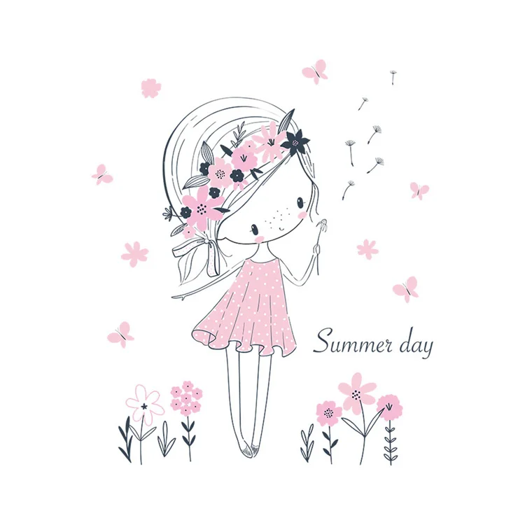 Schöner Sommer-Mädchen-Wandaufkleber für Mädchenzimmer-Dekoration, Tapete, Niedliche Rosa Serie, Kinderzimmer-Deko, Selbstklebende Aufkleber – Detail 6