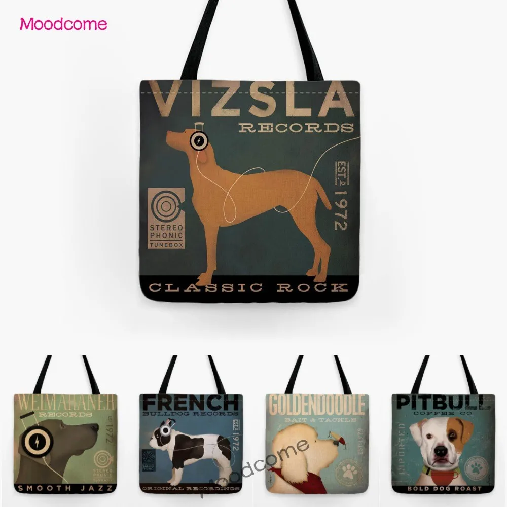 Lovely Cute Vizsla Frenchie Bulldog Dachshund Vintage Dog Art Poster Shopper Shoulder Bag Water Resistant Linen Large Tote Bag