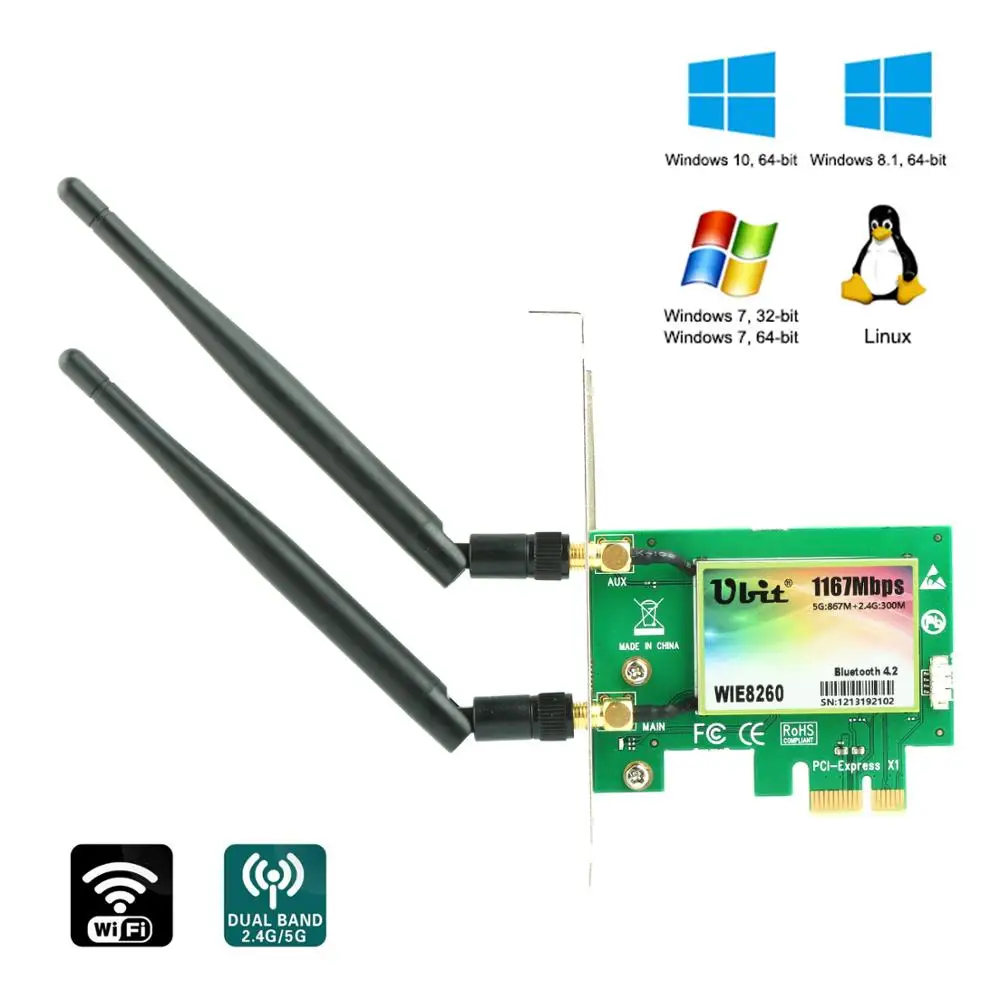 WiFi карта AC 1200 Мбит/с, Ubit 8260 сетевая карта с Bluetooth 4,2 адаптером, двухдиапазонный 5G/2,4G, PCI-E беспроводная сетевая карта для ПК