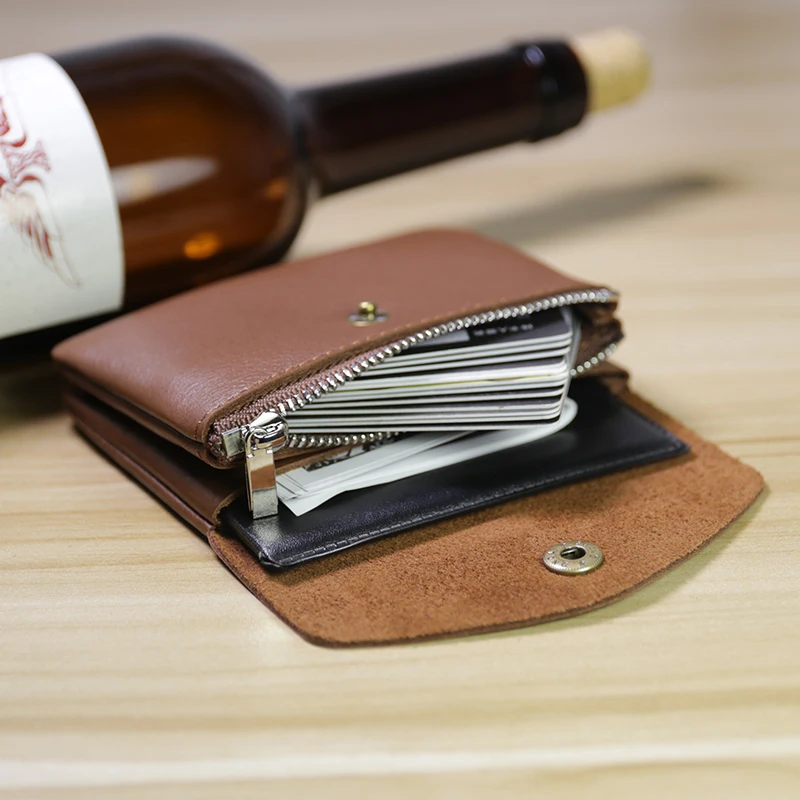 Genuine Leather Women\'s Coin Purse Soft Men Wallets Handmade Handmade Belt design Card Holder Fashion double zipper Purse