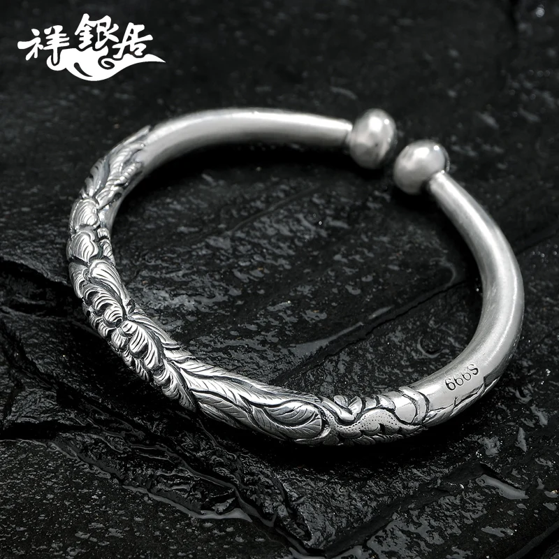 ★new 99 sterling silver jewelry fashion retro peony handmade silver jewelry engraved Open Silver Bracelet female