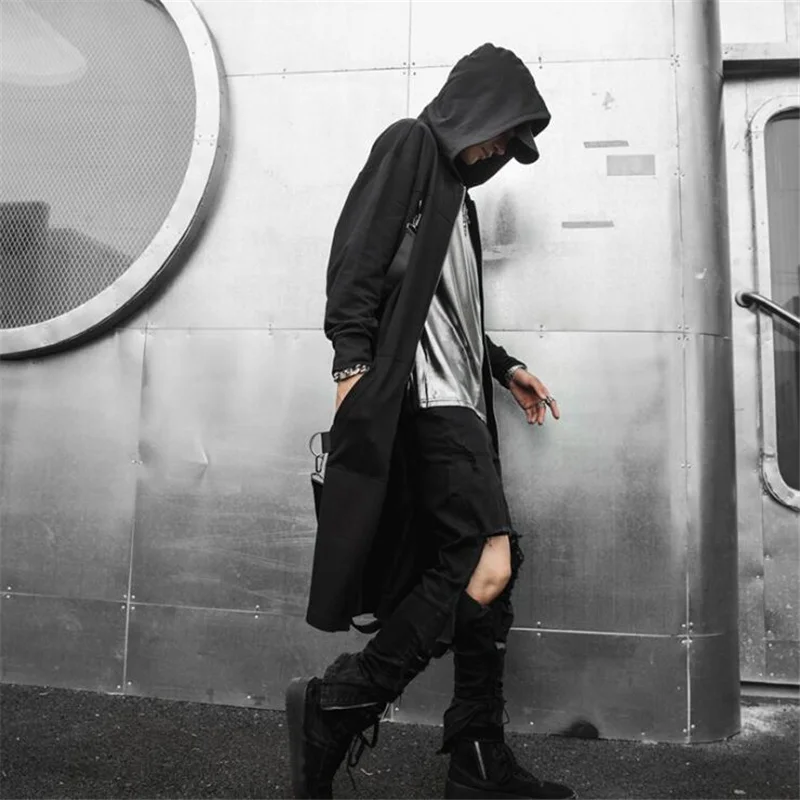 Spring autumn men ribbons patchwork punk hip hop long trench coat