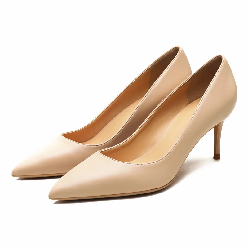 KATELVADI Ladies Shoes Beige Split Leather 6.5CM High Heel Pumps Women Shoes Sapato Feminino Footwear Size 34-42 K-324