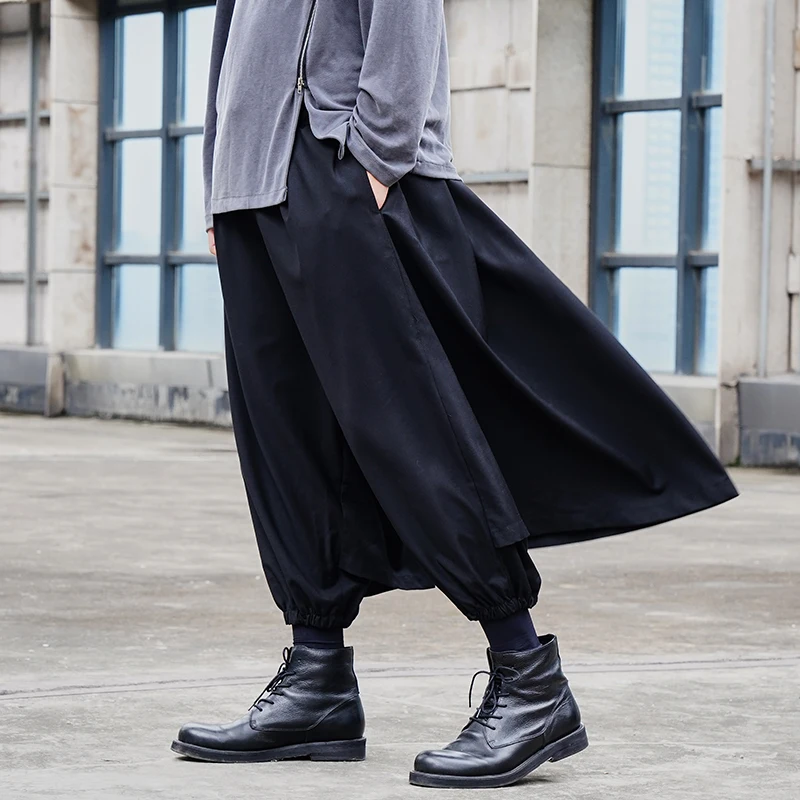 

Men's nine minute trousers spring/summer Yamamoto style fake 2 pieces culottes men's small foot trousers loose haren trousers