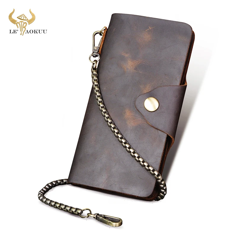 

2021 Male Crazy Horse Leather Vntage Checkbook Business Card Holder Chain Organizer Long Men's Wallet Purse Design Clutch 001