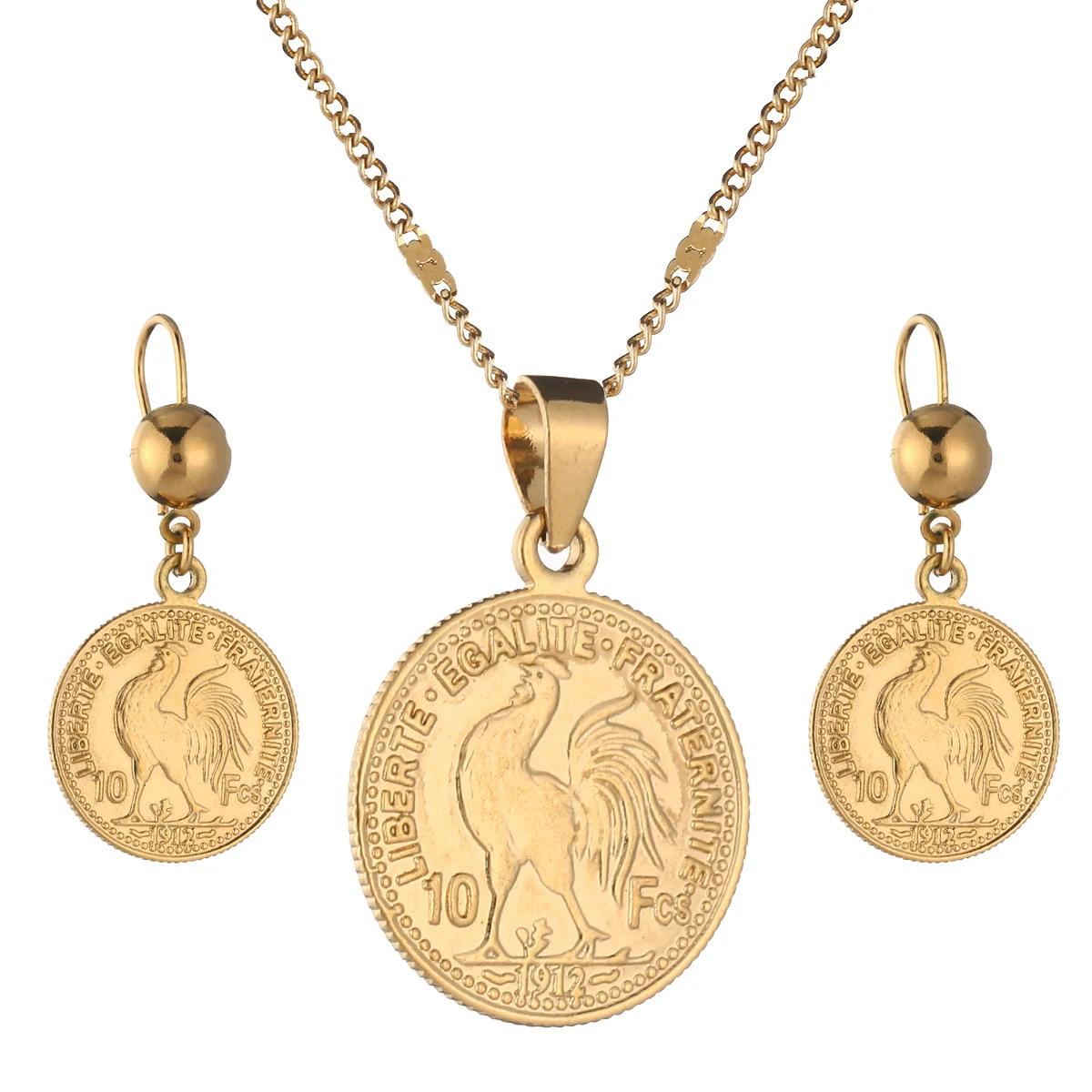 Gold Color Ancient French Copper Metal Coins Pendants Necklaces Roosters Pattern Jewelry Sets For Women