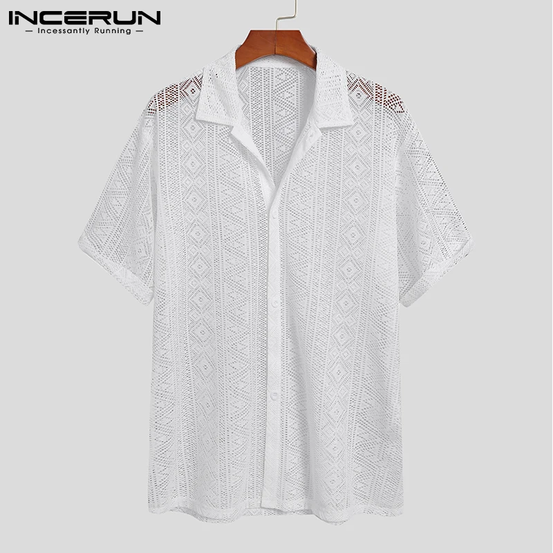 INCERUN Tops 2024 American Style Casual Mens Hollow Lace Printed Shirts Fashion Street Hot Sale Short Sleeved Lapel Blouse S-5XL