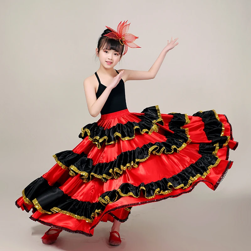 สเปนสาวชุดยาวสีแดง Flamenco ชุดห้องบอลรูมกระโปรงสำหรับสาวเต้นรำเด็กชุดเครื่องแต่งกายสำหรับเสื้อผ้าเด็ก DL2890