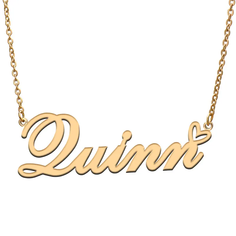 Quinn Name with Love Heart Necklace for Women Stainless Steel Jewelry Nameplate Pendant Femme Mother Child Girls Gift