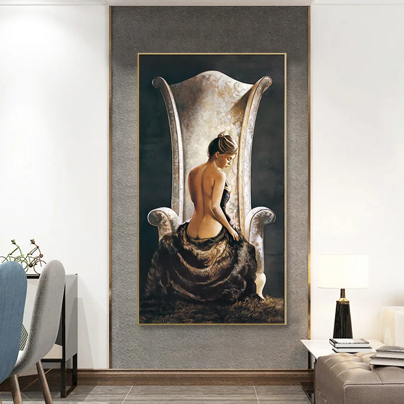 Large size Vintage Nordic Sexy Back Abstract Sexy Girl on Chair Oil Canvas Painting Wall Art Picture for Living Room Home Decor
