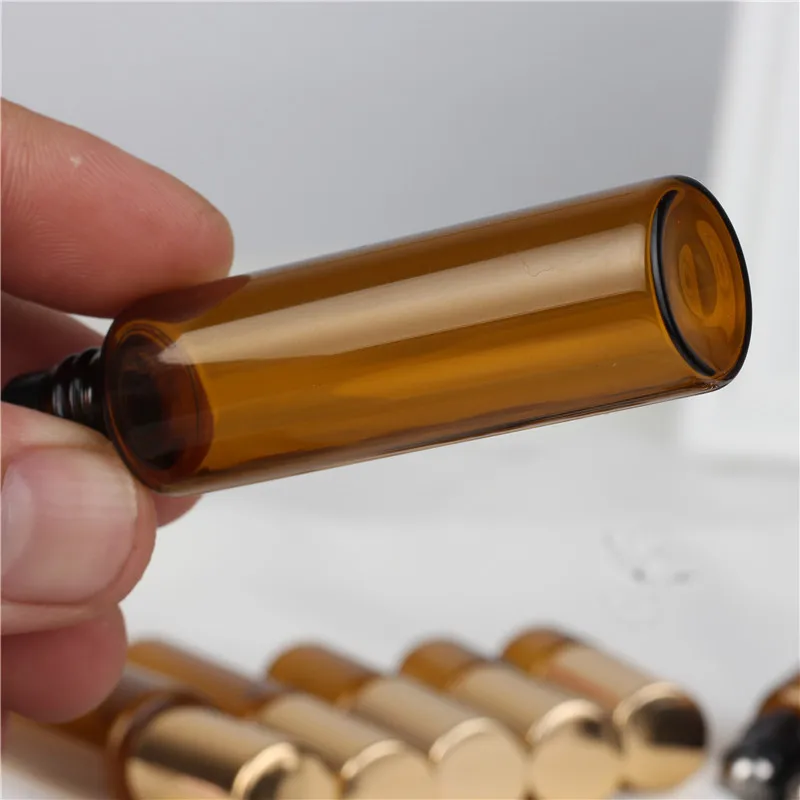 10Pcs 1ml 2ml 3ml 5ml 10ml Amber Thin Glass Roll on Bottle Sample Test Essential Oil Perfume Vials with Black Roller Metal Ball