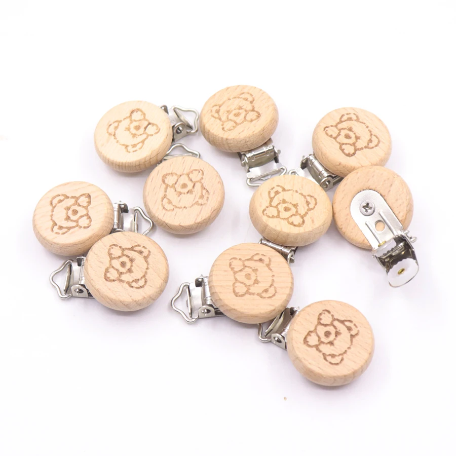 50Pcs/Lot Wooden Pacifier Clip Natural Beech Wood Baby Pacifier Clips Animal Pattern Dummy Clips DIY Pacifier Chain Accessory