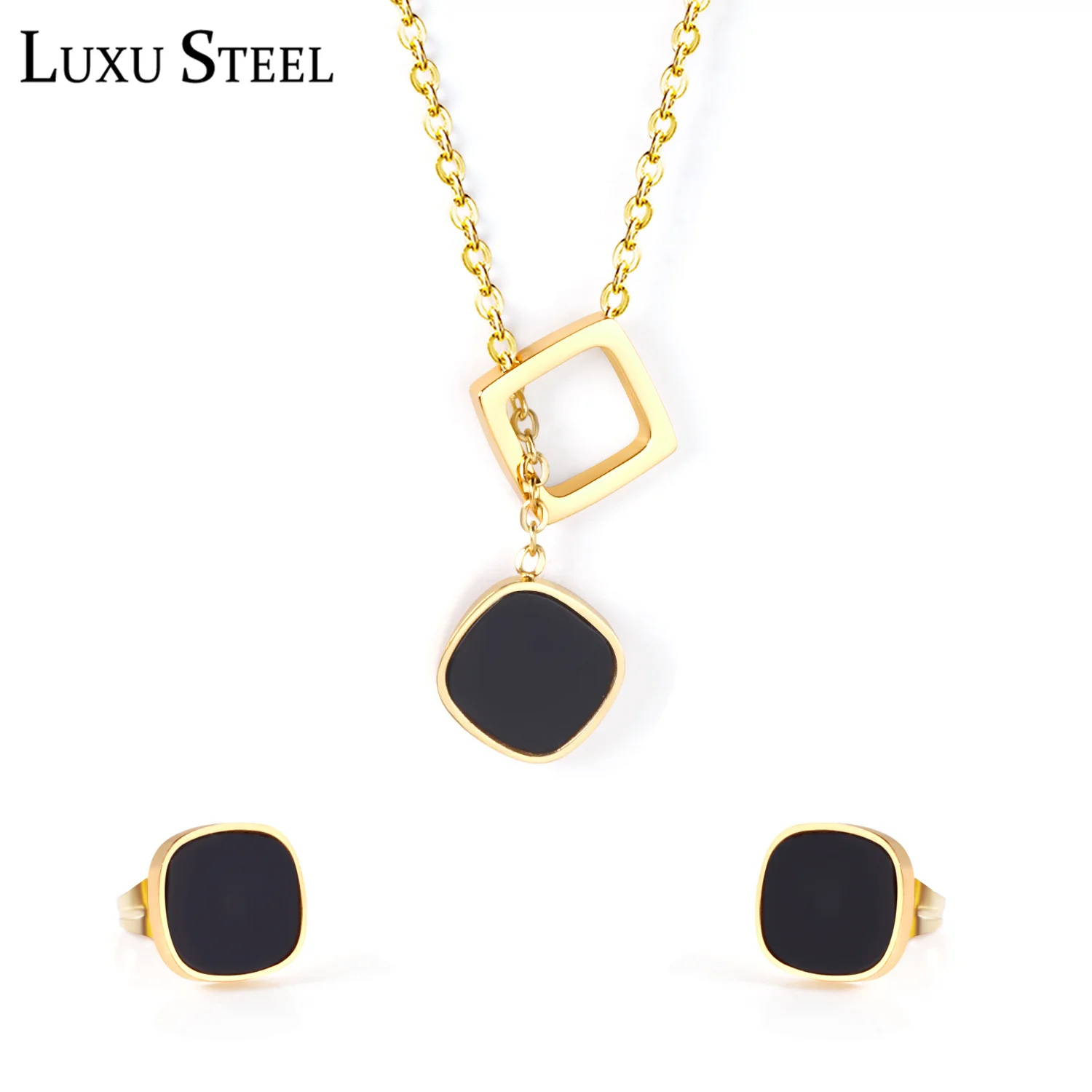 LUXUSTEEL Ladies Stainless Steel Jewelry Set Vintage Black Color Shell Necklace Earring Brinco Fashion Golden Geometry Pendants