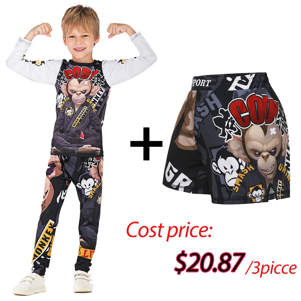 Kids MMA Rashguard BJJ GI T-shirt +Pants Jiu Jusit Tight Trousers Muay Thai Shorts 3Pcs/Set Children MMA Compression Sportsuits