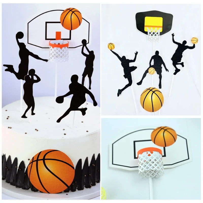 5 pcs Paper glitter basketball Cake Toppers Basketball player cake dessert Adorn card Flags Decor Cake Baking DIY Party Supplies