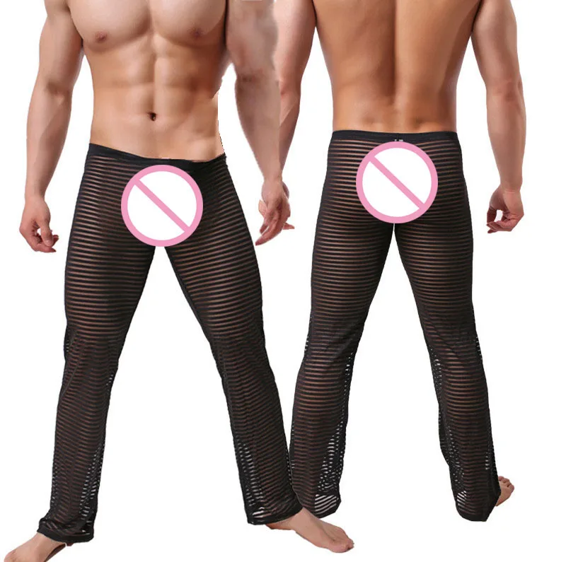 CLEVER MENMODE Sexy listrado transparente pijama calças masculinas, ver através pijamas, calças de sono, calças de comprimento total