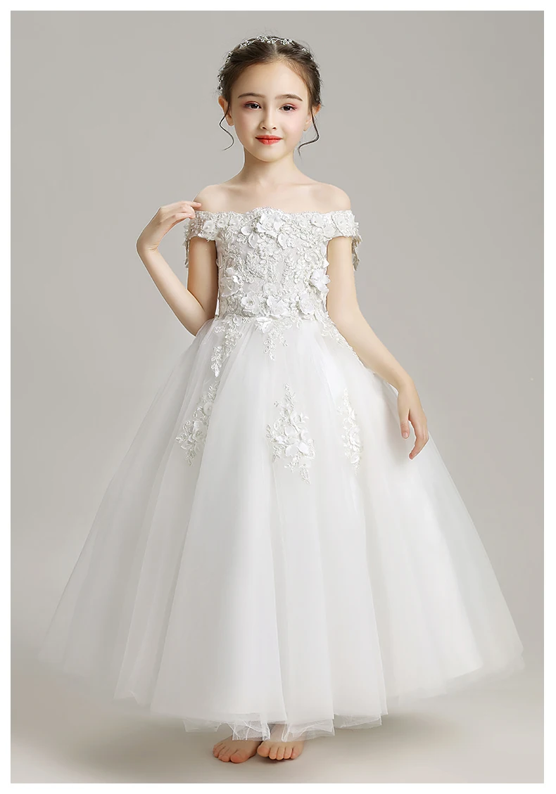 Off Shoulder Embroidery Flower Princess Girl Dress White Tulle Wedding Birthday Party Dress Toddler Girls Pageant Communion Gown