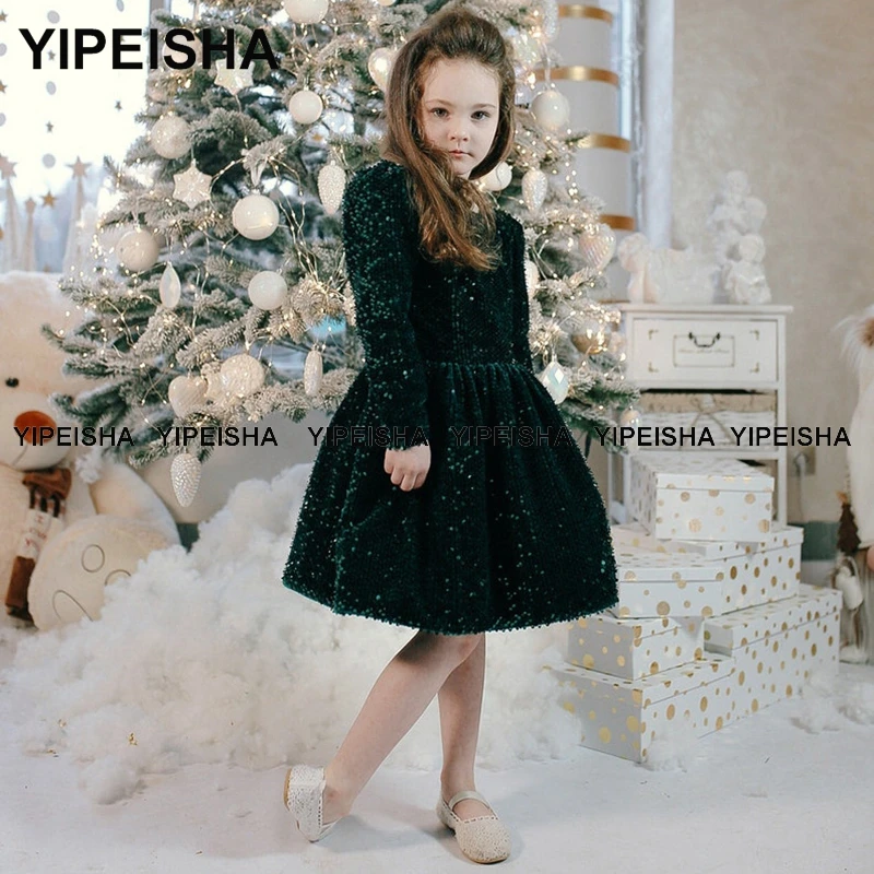 Yipeisha Jewel Lange Mouwen Kids Party Dress Green Sequin Nieuwe Jaar Jurk Knie Lengte Bloem Meisje Jurken Vestidos De Comunión