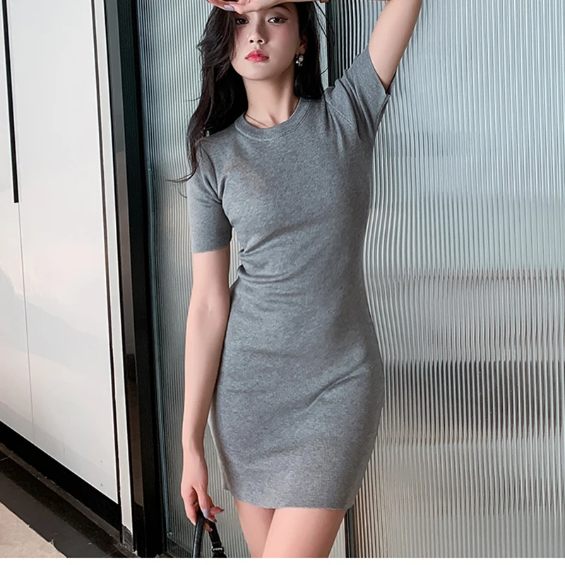 Dresses For Women 2022 Summer Korean Style Casual Solid Mini O Neck Short Sleeve Knitted Woman Slim Thin Black Bodycon Dress