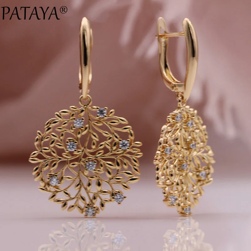 PATAYA New Safe Tree Long Earrings 585 Rose Gold Color Hollow Unique Fashion Jewelry Christmas Gift Natural Zircon Drop Earring