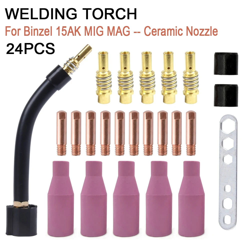 24pcs 15AK for Binzel Torch/Gun Consumables Electrode and Shield Cups and Link Rod Tips Goose Neck Bend for MIG Welding Machine