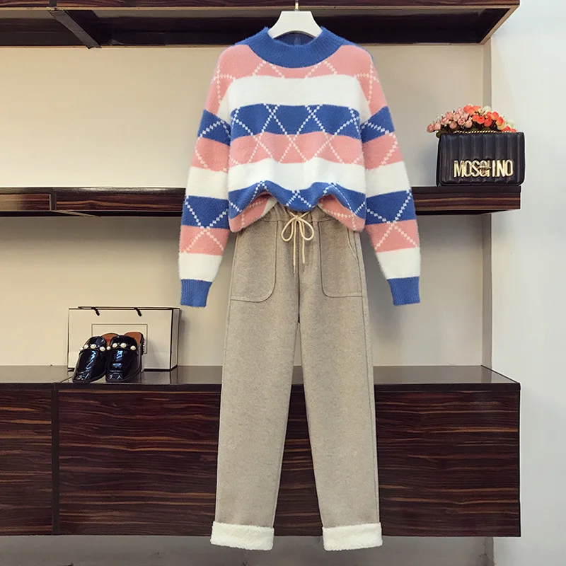 Plus Size Winter Women Tracksuit Stripe Knit Sweater Tops And Woolen Pants Matching Outfit Large Two Piece Set Female Warm Suit