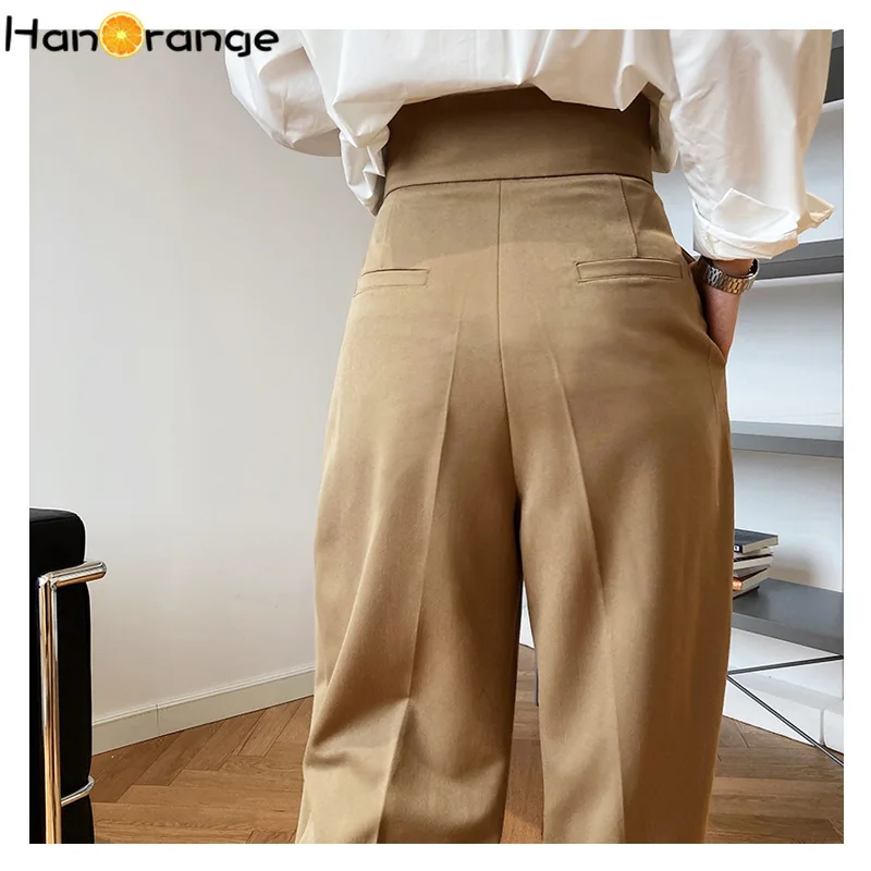 HanOrange High Waist Hook Loop Suit Pants Women Spring Autumn Loose Wide Leg Mopping Pants Slanting Placket