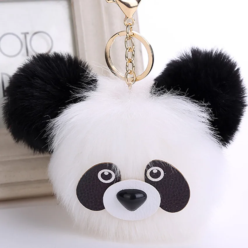 Cute Girl Fluffy Rabbit Fur Pompon Ball Panda Keychain Women Plush Fur Pom Pom Bear Key Chain Bag Car Trinket Jewelry Party Gift