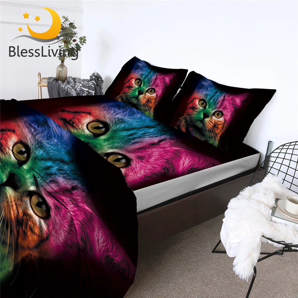 

BlessLiving Colorful Cat Fitted Sheet Cute Cat Bed Sheet Set Animal Flat Sheet 3D Printed Black Mattress Cover Queen 4-Piece