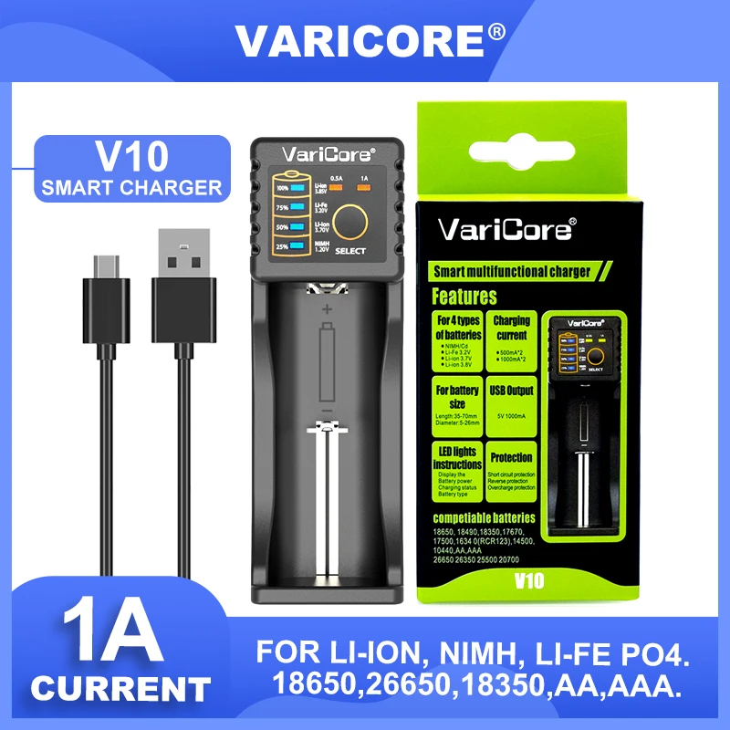 VariCore V10 3.7V 18650 26650 18350 16340,14500,10440 26500 litio 3.2V 1.2V NiMH AA AAA SC/S caricabatterie per sigaretta elettronica