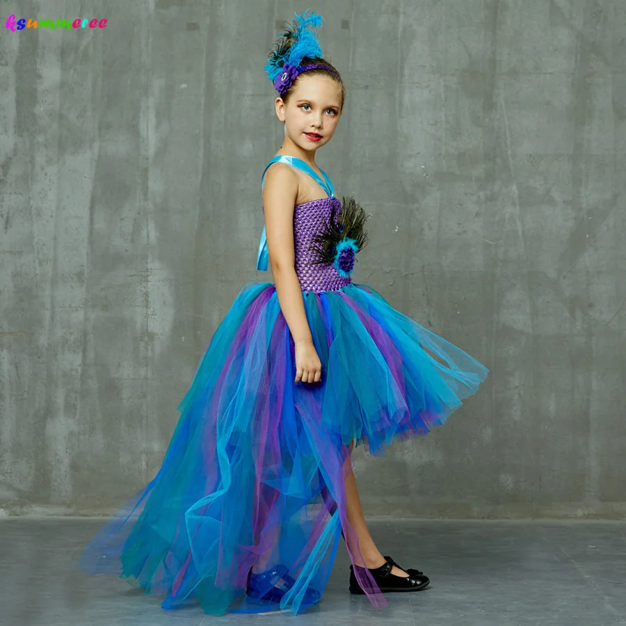 Peacock Tutu Costume Dress Child Girls Pageant Prom Ball Gown Princess Peacock Feather Halloween Birthday Party Train Dress