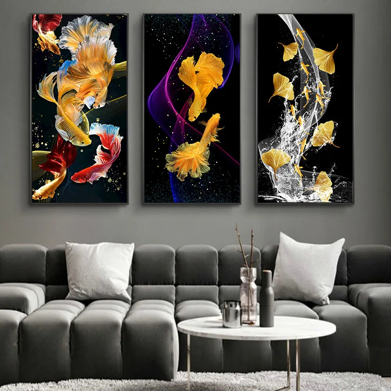 Modern Gold Ginkgo Biloba Carp Pond Fish Feng Shui Canvas Painting Prints Posters Home Decor Wall Art Picture For Living Room