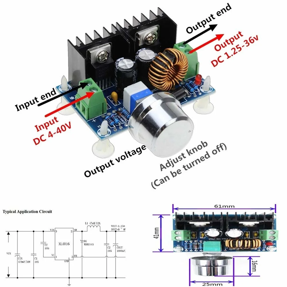 Fuente de alimentación de convertidor Buck de reducción cc a CC, XL4016 PWM, ajustable, 4-40V a 1,25-36V, Módulo de placa de reducción, 1 ud.