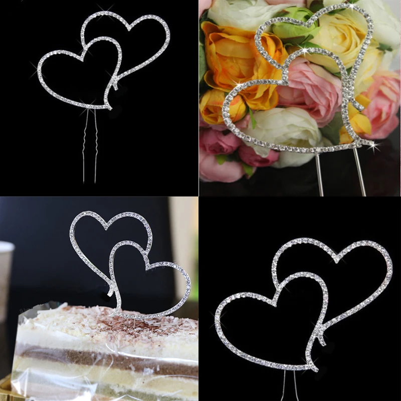 New Cake Topper romantico cristallo strass argento doppio cuore Cake Topper decorazione di cerimonia nuziale decorazione di capodanno